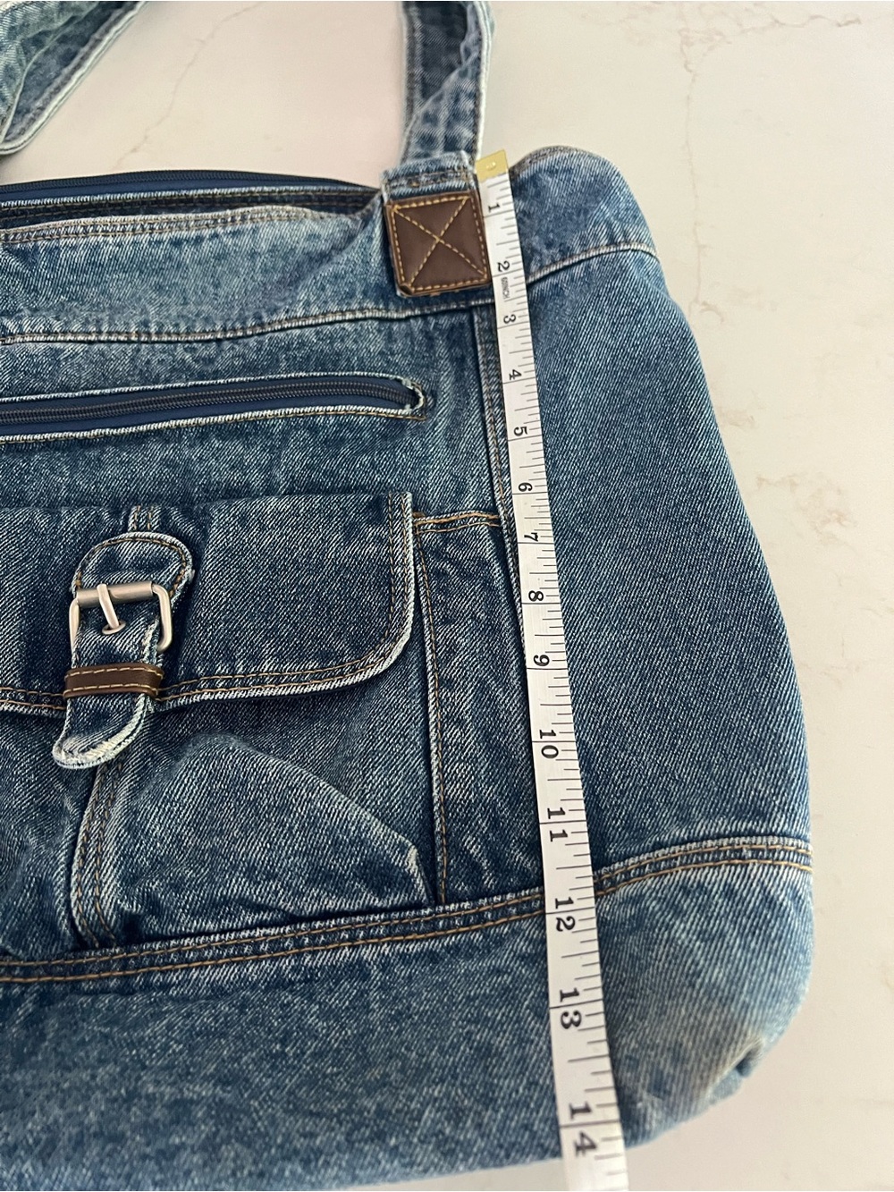 Y2K 100% Cotton Denim Shoulder Tote Bag Blue Jean Buckle Leather Trim - Picture 13 of 15